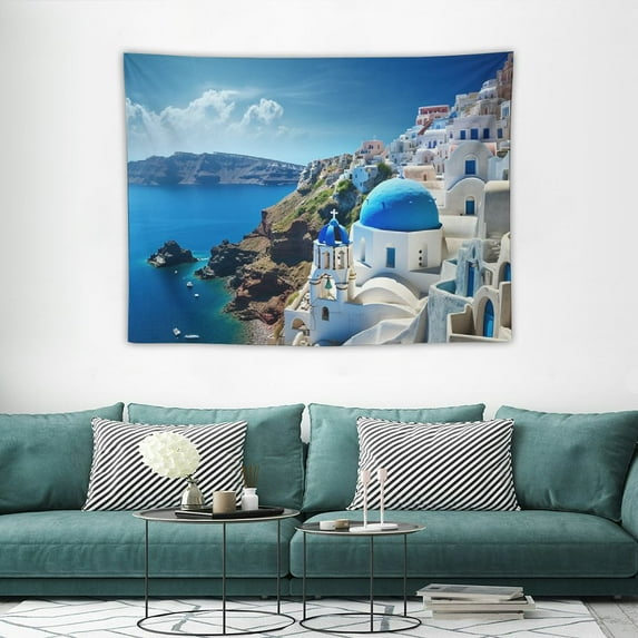FUMJ Greece Santorini Island Tapestry Greek Oia Village Building Blue Coastline Wall Tapestry Europe Landmark Wall Hanging Aegean Sea View Wall Art for Living Room Bedroom Dorm Home Decor