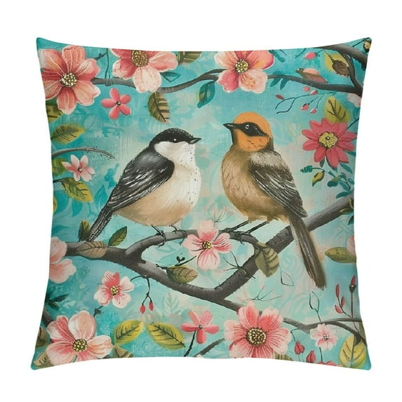 ONETECH Green Chinoiserie Pillow Cover  Spring Pink Tree  Decorative Outdoor Throw Pillow Covers  Vintage Flower Cushion Cover for Sofa Couch Home Bedroom