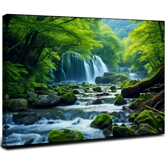 ONETECH Green Forest Canvas Wall Art Waterfall Pictures Wall Decor Green Nature Landscape Canvas Painting Calming Nature Scene Canvas Print Artwork for Living Room Bedroom Office 20x16inch
