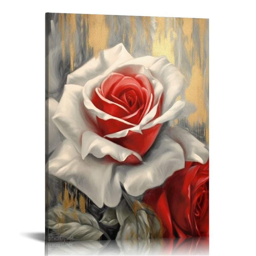 ONETECH Grey Floral Canvas Wall Art Abstract Red Rose with Gold ...