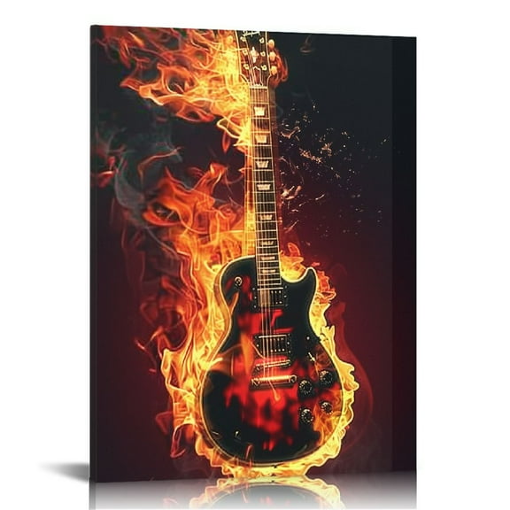 ONETECH Guitar Canvas Wall Art Burning Fire Guitar Painting Print Abstract Music Pictures Musical Instrument Poster for Teens Room 16x20 in