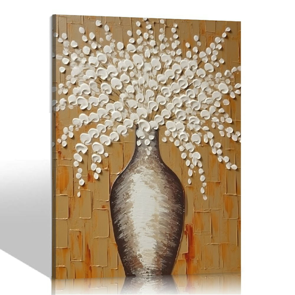 Epicler Art Hand-Painted White Flower Oil Painting - 40x28 Inches, Canvas Texture, Ready To Hang Wall Art