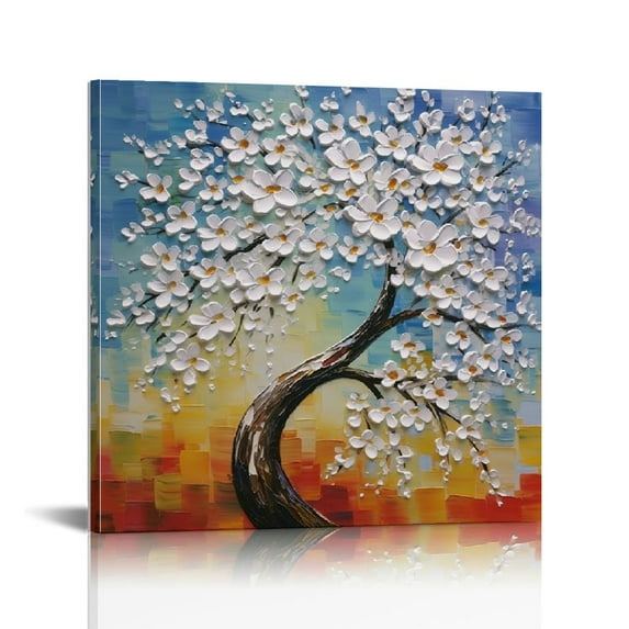 ONETECH Hand-painted Oil Painting On Canvas White Flowers Paintings Modern Home Interior Decor Wall Art for Living Room Abstract Art Picture Ready to Hang 16\x16\