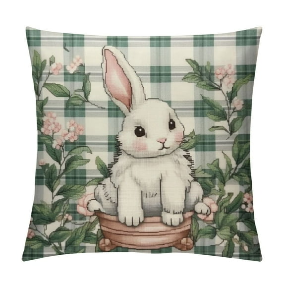 ONETECH Happy Easter Buffalo Plaid Rabbit Pink Throw Pillow Cover, Eucalyptus Leaves Hello Spring Cushion Case Decoration for Sofa Couch