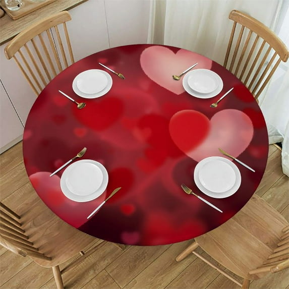 FUMJ Happy Valentine's Day Tablecloth Round Red Heart Table Cloth Cover,Romantic Love Spring Table Cloths Polyester Waterproof Fabric for Table Cover Kitchen Party Dining Picnic Decoration
