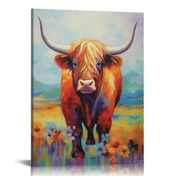 ONETECH Highland Cow Poster Wearing Sunglasses and Flowers Canvas Wall Art Animal Picture for Nursery Farmhouse Kitchen Room (oil painting)
