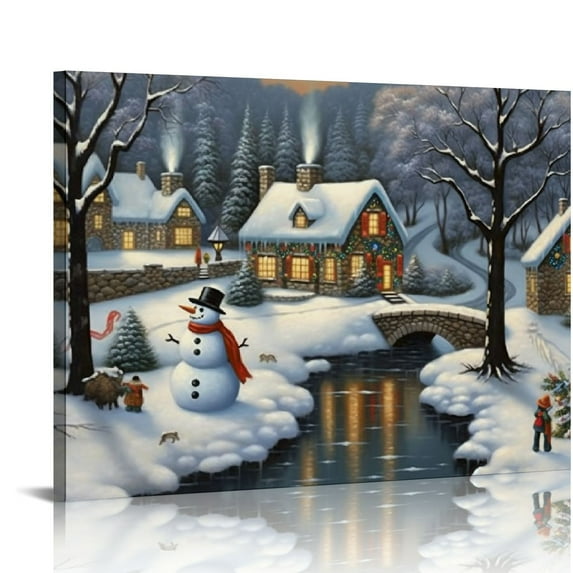 ONETECH Home River Snowman Lighted Canvas Wall Art Print With Timer | LED Canvas Wall Art Print Designs | Modern Artwork for Living Room Decor Gift (Home River Snowman, 16" x 12")