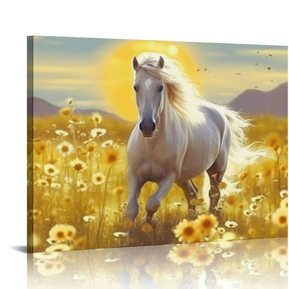 ONETECH Horse Wall Art White Horse Pictures Wall Décor Country Field Horse Canvas Print Painting Artwork Home Decoration for Living Room Bedroom Bathroom Office Framed  20x16in