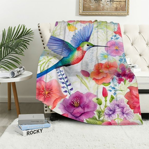 ONETECH Hummingbird Flower Blanket Gifts for Women Girls Mom, Colorful Floral Print Decoration for Home Bedroom Living Room Lounge Dorm, Warm Soft Cute Lightweight Throw Blankets