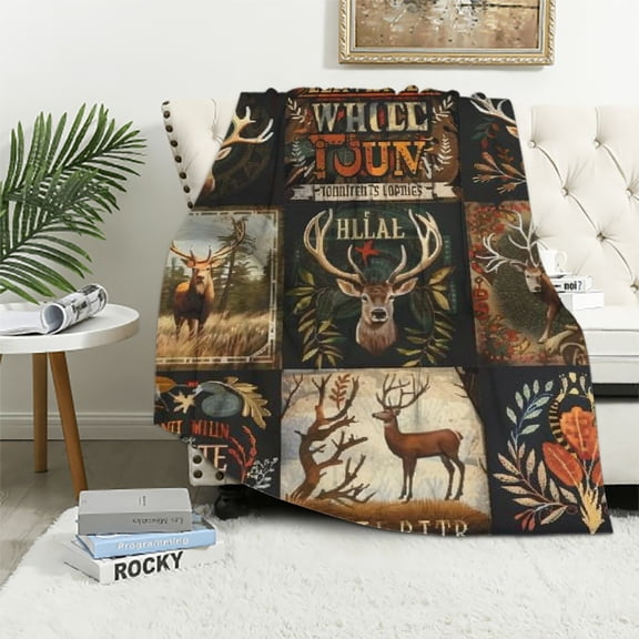 ONETECH Hunting Deer Blanket Soft Lightweight Camo Elk Flannel Blanket Cozy Warm Bedding Decor Fuzzy Plush Throw Blanket Gifts for Lover Boys Girls Kids Women Adults Bed Travel