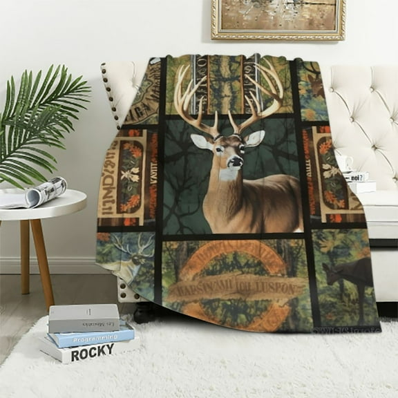 ONETECH Hunting Deer Blanket Soft Lightweight Camo Elk Flannel Blanket Cozy Warm Bedding Decor Fuzzy Plush Throw Blanket Gifts for Lover Boys Girls Kids Women Adults Bed Travel