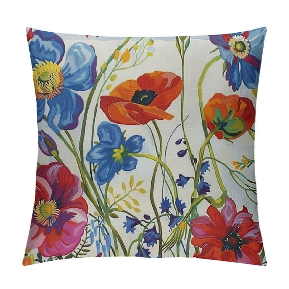 ONETECH  Ink Oil Painting Watercolor Orange Red Poppy Flowers Home Sofa Chair Bed Decoration Lumbar Pillowcase Cotton Linen Decorative Throw Pillow Cover Case Rectangular