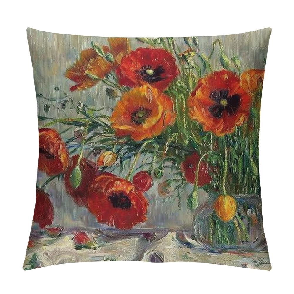 Cariwotan Decorative Lumbar Pillow Cover - 12x20 Inch, Red Orange Poppy Flowers Watercolor Print, Cotton Linen