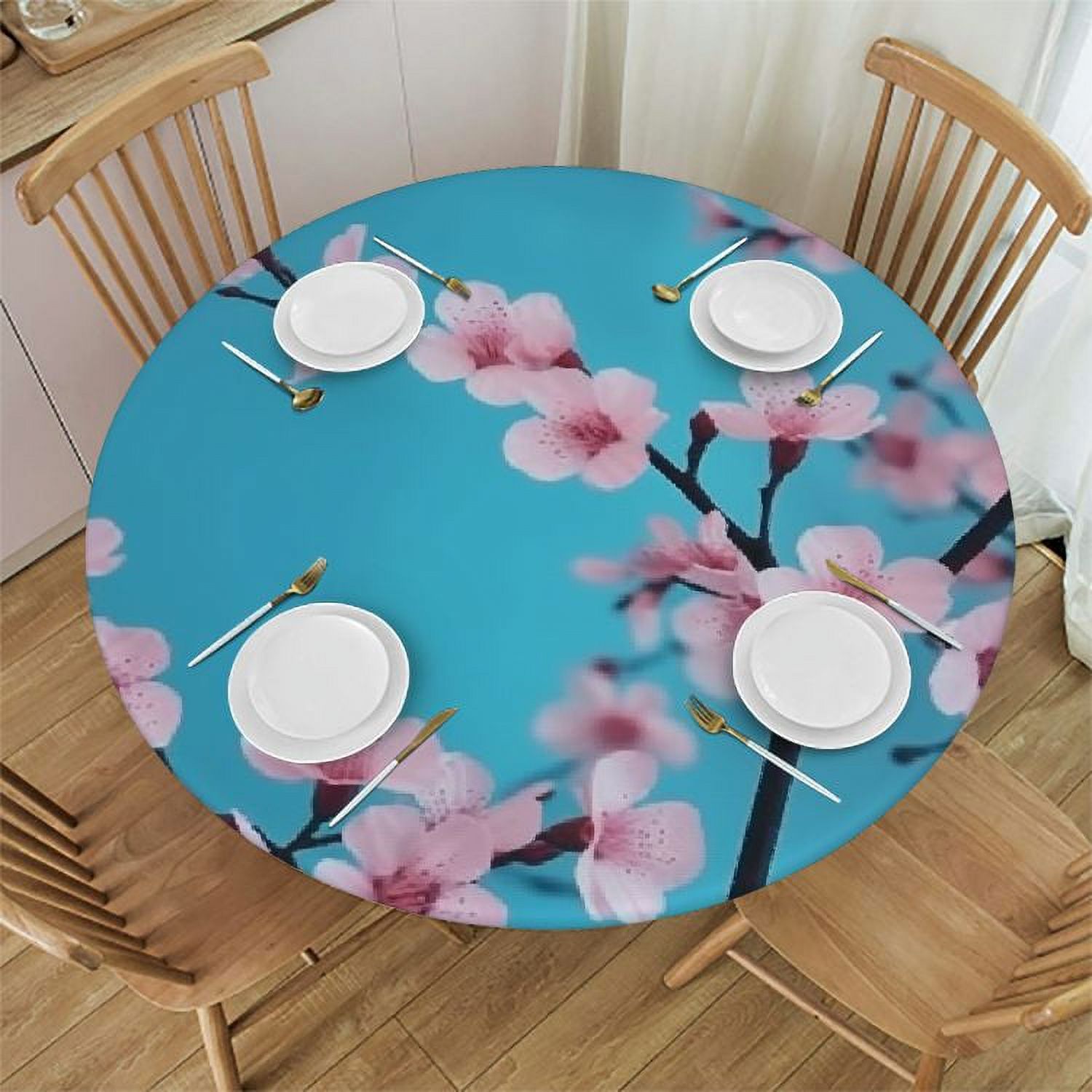 Japanese Cherry Flower Round Tablecloth with Elastic Edge
