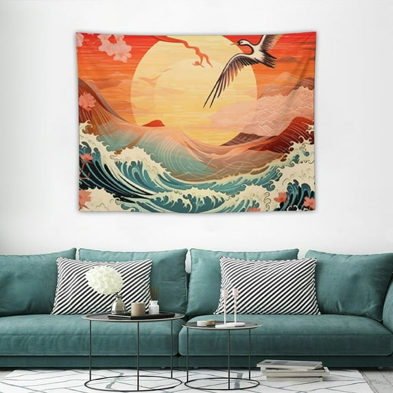 ONETECH  Japanese Crane Tapestry, Japanese Wave Crane Tapestry, Cherry Blossom Japanese Wall Hanging, Vintage Ukiyo-e Party Room Bedroom Background Japanese Tapestry