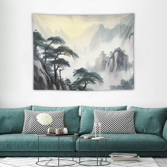 ONETECH  Japanese Painting Tapestry Wall Hanging Asian Chinese Landscape Bedroom Decor for Men Oriental Ink Watercolor Mountain Trees Black Artwork Print Bedroom Living Room