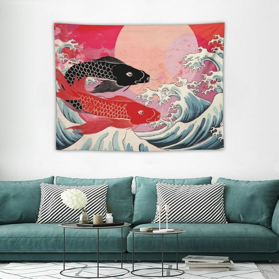 ONETECH Japanese Tapestry Ocean Wave Tapestry, Yin Yang Koi Fish on Kanagawa Great Wave Tapestry Wall Hanging, Asia Cherry Blossoms Sakura Flower Tapestry for Living Room Bedroom Dorm Decor
