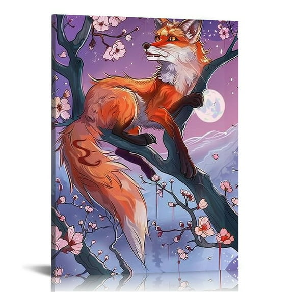 ONETECH Japanese Wall Art Vintage Ukiyo-e Sakura &amp; Fox Poster Canvas Print Wall Decor For Bedroom Living Room Office Restaurant Ready To Hang With Frame