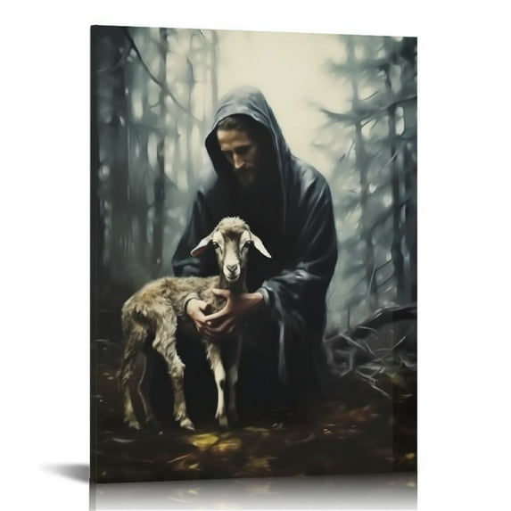 ONETECH Jesus and Lamb Canvas Wall Art Jesus Runs Towards A Lost Lamb Picture, "He Ran He Rescued He Carried Jesus God Poster for Christian Home Decor, Christian Canvas Wall Art, Gift for