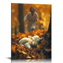 ONETECH Jesus and Lamb Canvas Wall Art Jesus Runs for the Lost Sheep In Autumn Forest Picture Wall Art Canvas Print Christian Home Decor 12x16 in