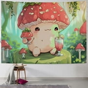 ONETECH Kawaii Frog Mushroom Tapestry pink cute room decor Aesthetic Wall Hanging Tapestry room decor for Bedroom Funny Living Room Home Decor