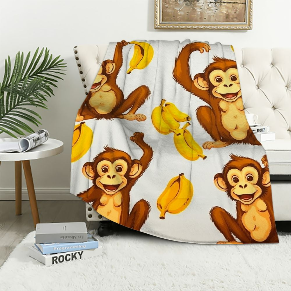 Kids Cute Monkeys Throw Blanket Cartoon Monkey Banana Decor Sherpa Blanket Boys Girls