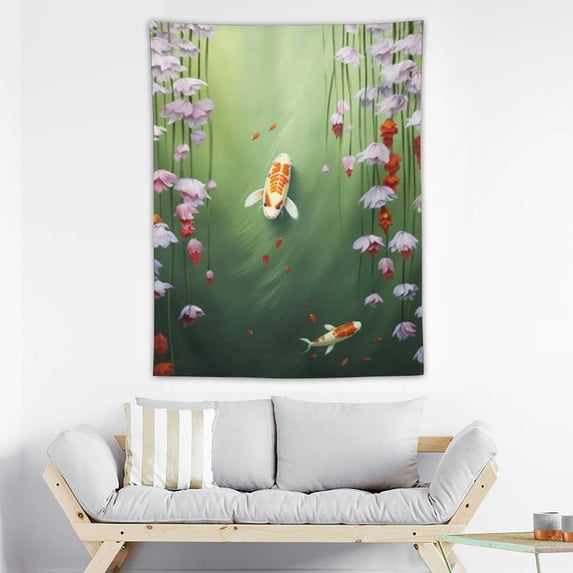 ONETECH Koi Fish Tapestry Twin Size, Japanese Koi Fish Painting Style Hanging Cherry Flowers Floating Leaves, Wall Hanging Bedspread Bed Cover Wall Decor, Twin Size, Orange White