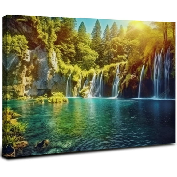 ONETECH Lake Waterfall Natural Picture Wall Art Landscape Canvas Prints Painting Home Decor Tree Picture for Living Room Bedroom Kitchen Office Decoration 20x40 Wooden Frames Artwork 20x16inch