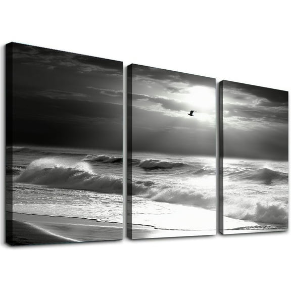 ONETECH Large Black White Ocean Sea Waves Bathroom Poster Print Wall Art Canvas Print Framed Picture Painting Artwork for Office Hallway Home12''x16''X3 Panels