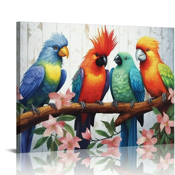 ONETECH  Large Colorful Parrot on Tree Branch Canvas Wall Art Abstract Birds Tropical Plants Landscape Artwork for Kitchen Bedroom Home Decor Stretched and Framed Ready to Hang