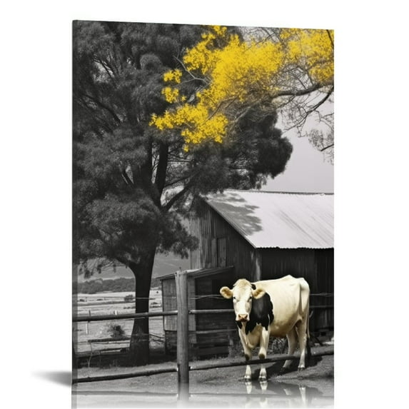 ONETECH Large Farmhouse Canvas Wall Art Old Barn Cow Pictures Print Black White Painting Farm Animal Countryside Artwork for Home Living Room Bedroom Kitchen Decor Framed Ready to Hang