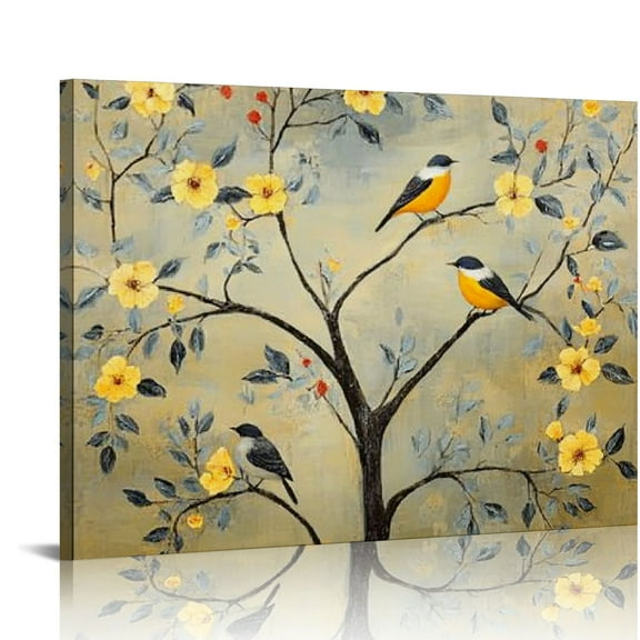 ONETECH Large Floral Bird Canvas Wall Art Abstract Birds on Flower Tree Branch Yellow and Gray Artwork for Modern Home Bedroom Decor Ready to Hang 16x12in