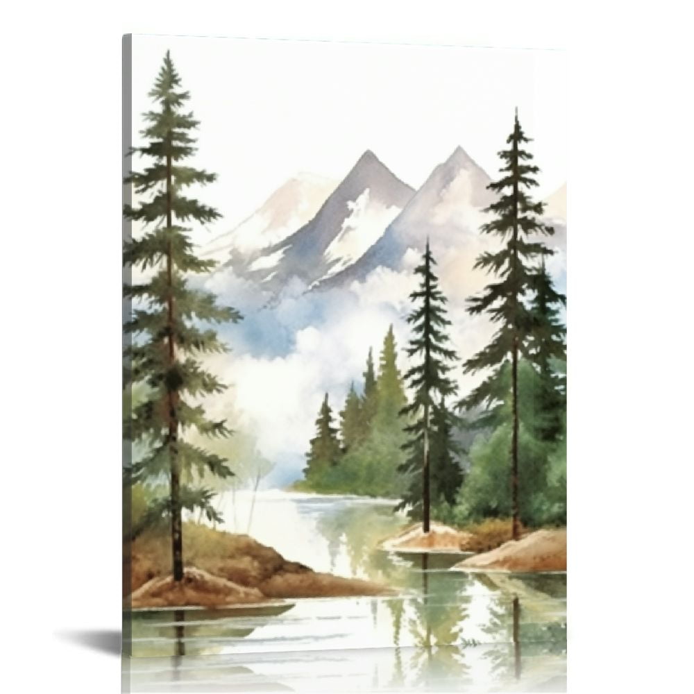 ONETECH Large Framed Mountain Canvas Wall Art Watercolor Forest ...