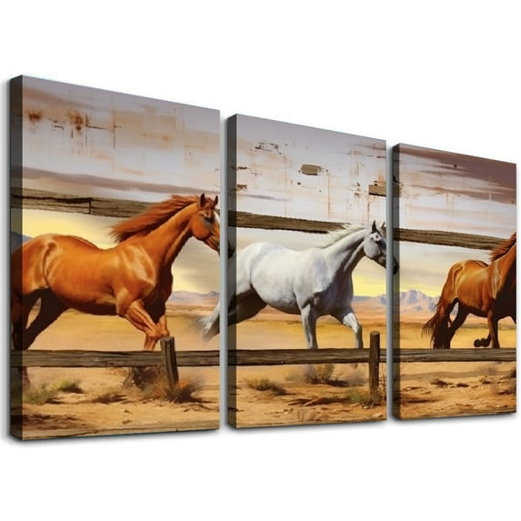 ONETECH - Large Horse Canvas Wall Art Wild Animal Picture Print on Canvas Galloping Running Horses on Vintage Wood Background Painting Rustic Country Style Home Decor Ready to Hang