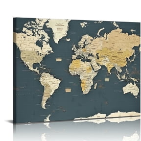 ONETECH Large Office Wall Decoration Retro Detailed World Map Canvas Prints with Premium Black Frame Vintage Push Pins Travel Map of The World Picture Artwork for Modern Home Office Decor
