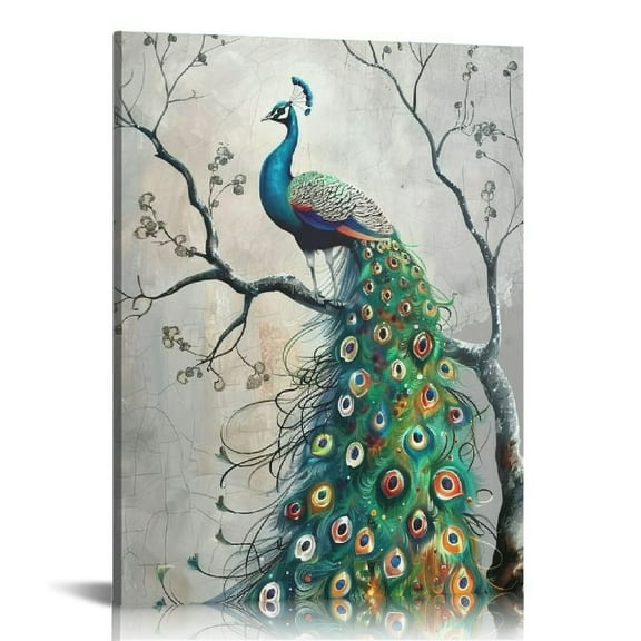 ONETECH  Large Peacock Picture Canvas Wall Art Abstract Blue and Grey Animal Painting Artwork for Modern Home Bedroom Decoration Ready To Hang