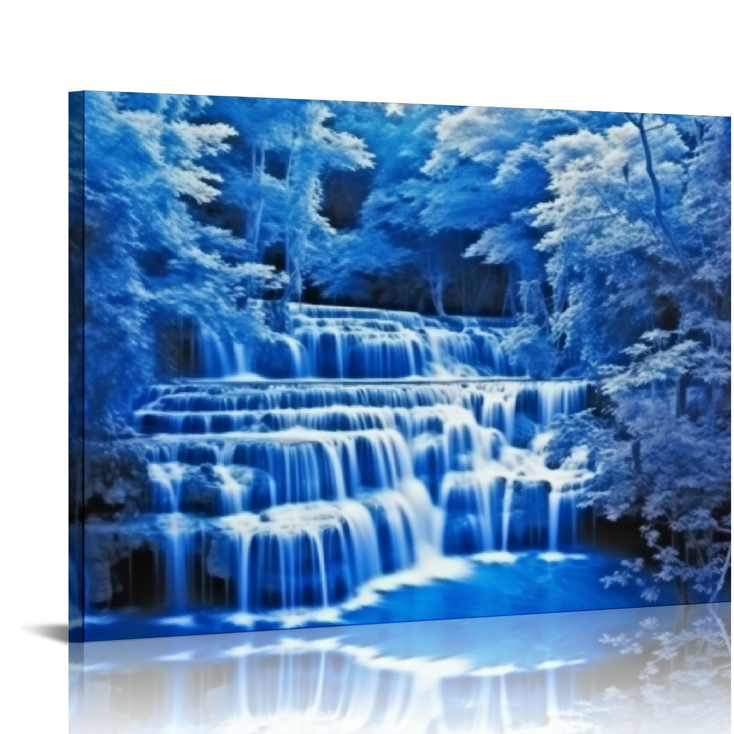 Large Waterfall Wall Art Black and White Decor Blue Trees