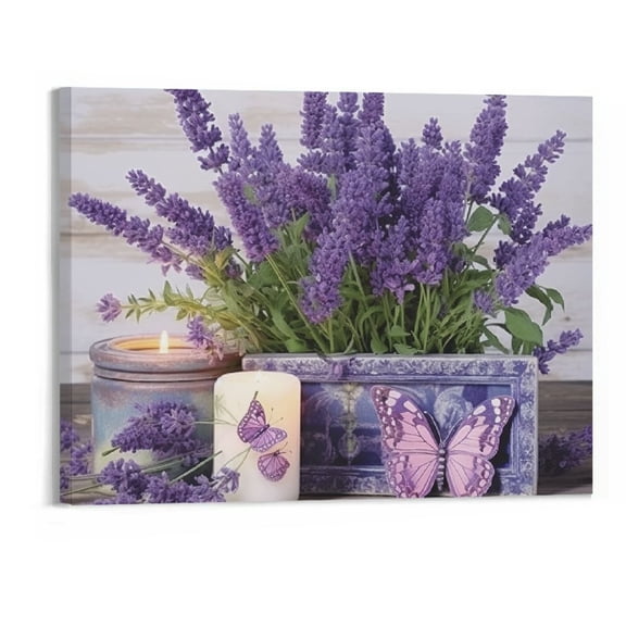 ONETECH Lavender Canvas Wall Art Country Lavender Flower Butterfly Candle Wall Decor Purple Floral Farmhouse Pictures Painting Prints Framed Artwork Decor for Bathroom Bedroom Living Room - 20x16 Inch
