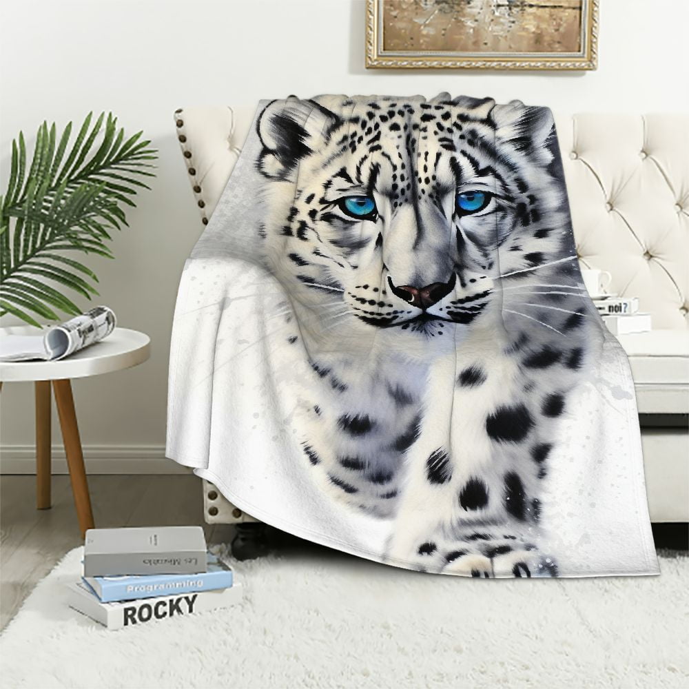 ONETECH Leopard Throw Blanket Watercolor Animal Print Sherpa Blanket for Boys Teens Snow Leopard Pattern Plush Blanket Animal Theme Fuzzy Blanket for