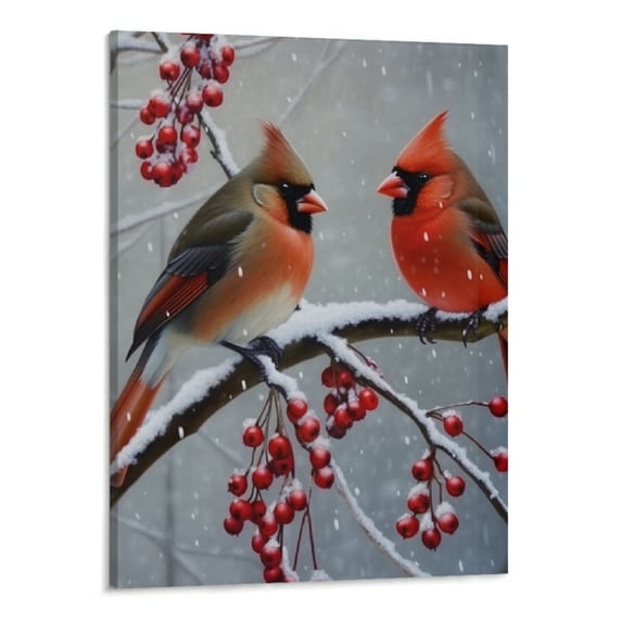 ONETECH Lighted Red Cardinals and Berries Christmas Canvas Wall Art - 16x20 Inch