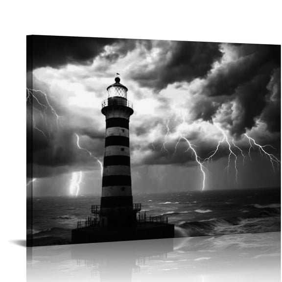 ONETECH Lighthouse Wall Art Decor Black and White Nautical Storm Canvas Picture Prints Ocean Wave Seascape Painting for Bathroom Men's Room Framed