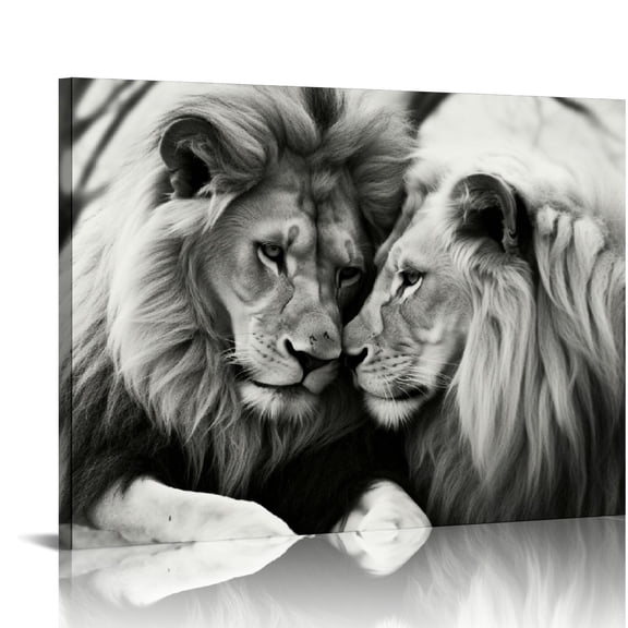 ONETECH Lion and Lioness Wall Art Black and White Lion Picture Wildlife Painting Animal Canvas Artwork Modern Home Living Room Wall Decor Frame