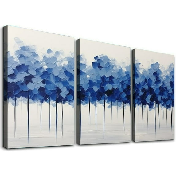 ONETECH Living Room Wall Art Long Pictures Horizontal Trees Large Framed Canvas Artwork Abstract Landscape Oil Painting in Blue and Grey Color for Modern Decor 12''x16''X3 Panels