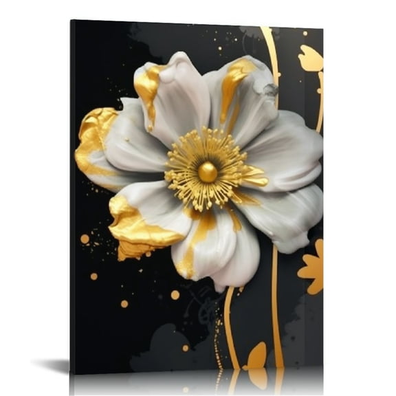 ONETECH  Living Room Wall Decor Modern Plant Flowers Pictures Abstract Gold  Panel Canvas Black white Nordic Artwork Home Decorations Wooden Framed Ready to Hang
