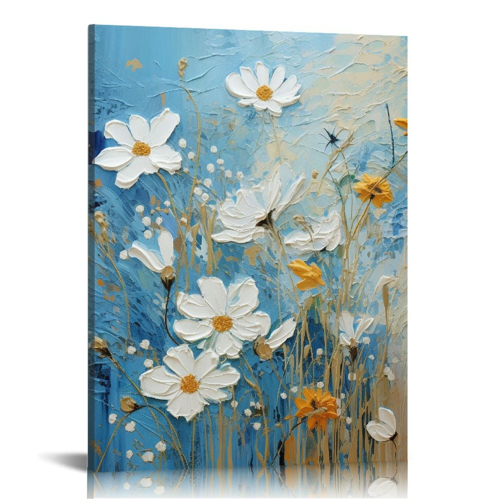 ONETECH Lotus Flower Canvas Wall Art White and Indigo Blue Floral ...