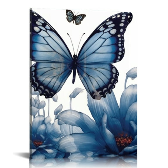 ONETECH  Lotus Flower Wall Art Navy Blue Floral with Butterfly Painting Canvas Prints Zen Artwork for Home Office Living Room Bathroom Decor Each Piece