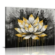 ONETECH Lotus Flower Wall Decor Trendy Silver Golden Flower Painting Canvas Prints Art Zen Lotus Picture Artwork for Living Room Yoga Meditation Spiritual Decor Framed 20x16inch