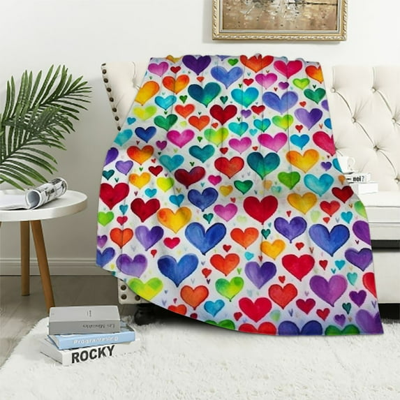 ONETECH Love Heart Flannel Couple Colorful Love Heart Pattern Plush Throw Blanket, Rainbow Heart All Season,Bed Blanket for Kids Room Decor Throw
