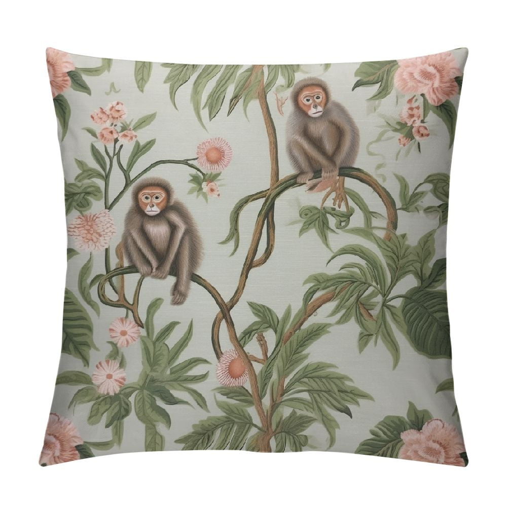 Lovely Monkey Throw Pillow Cover Tropical Vintage Hibiscus
