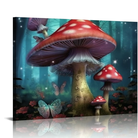 ONETECH Magical Forest Wall Art Fantasy Mushroom Wall Decor Nature Landscape Plant Picture Butterflies Canvas Print Nursery Decor Fairytale Theme Wall Painting for Home Kids Bedroom Dorm Decoration